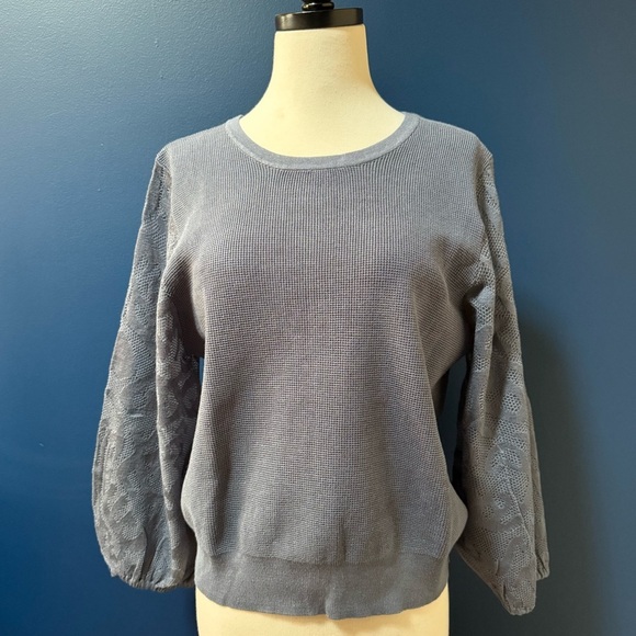 NWT Adrianna Papell Crew Neck Sweater with 3/4 Mesh Sleeves Dusty Blue Sz Large - Picture 1 of 9